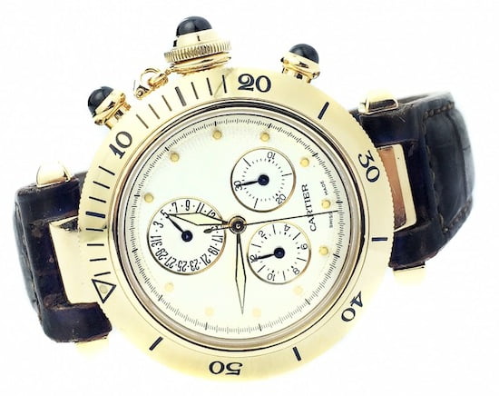 Cartier “Pasha” 18kt gold Swiss chronograph wristwatch with case, dial and buckle all signed Cartier (est. $8,000-$12,000).