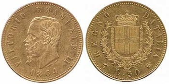 An extremely fine 1864 Gold 50-Lire