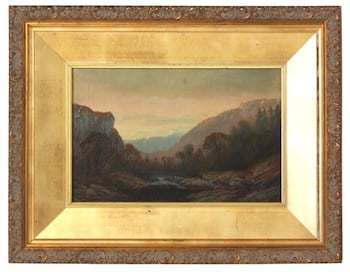 Oil on canvas painting by Samuel Colman (Am., 1832-1920), of a mountainous landscape with riverbed, artist-signed, 14 inches by 18 ¼ inches framed (est. $6,000-$8,000).