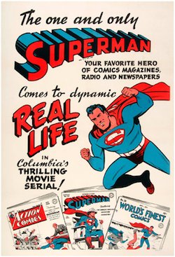 Linen-mounted one-sheet movie serial poster featuring Superman art and comic books, 1948, 28.25 x 41.75 inches. Franco Toscanini collection. Est. $10,000-$20,000. Image courtesy of Hake’s Americana