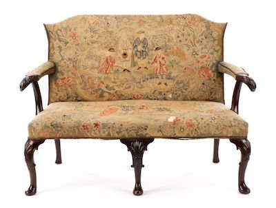 George I Queen Anne-style walnut upholstered settee (circa 1720), with a rectangular shaped and padded back (est. $10,000-$20,000).