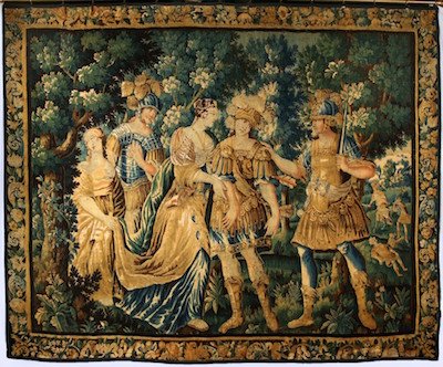 17th century Brussels wool and silk mythological tapestry, depicting figures in armor and two ladies, all in a wooded landscape (est. $7,000-$12,000).