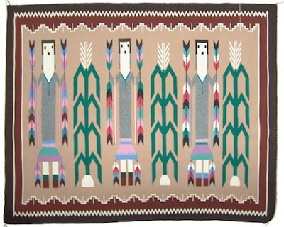 Fine weave pictorial Navajo rug (weaving) by Lena Poyer, 50 inches by 40 inches, depicting Yei figures, in beautiful earth tones and pastels (est. $3,000-$6,000).